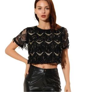 Allegra K Sequin Crop Short Sleeves Tassel Top Medium NWT
